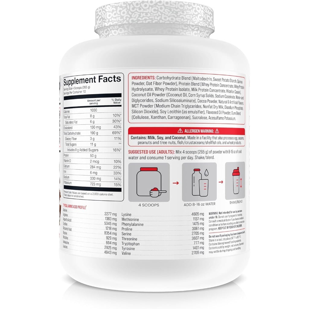 Basic Supplements Mass Gainer Protein Powder, Chocolate, 6lb (10 Servings)