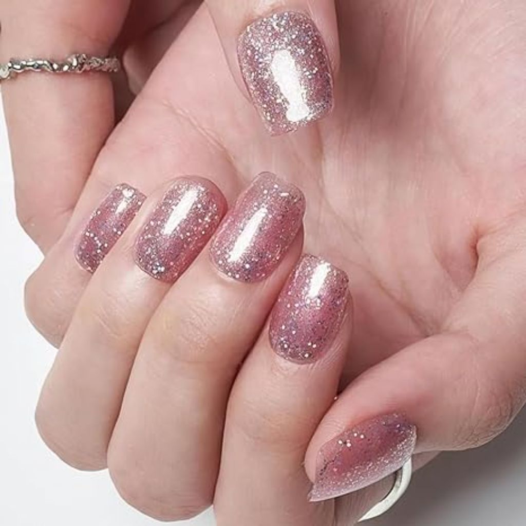 GLAMERMAID Press on Toenails, Handmade Glitter Pink Gel Glue on Toe Nails, Glossy Toe Nails Reusable UV Finish Fake Nails Acrylic False Nails Manicure Kits for Women
