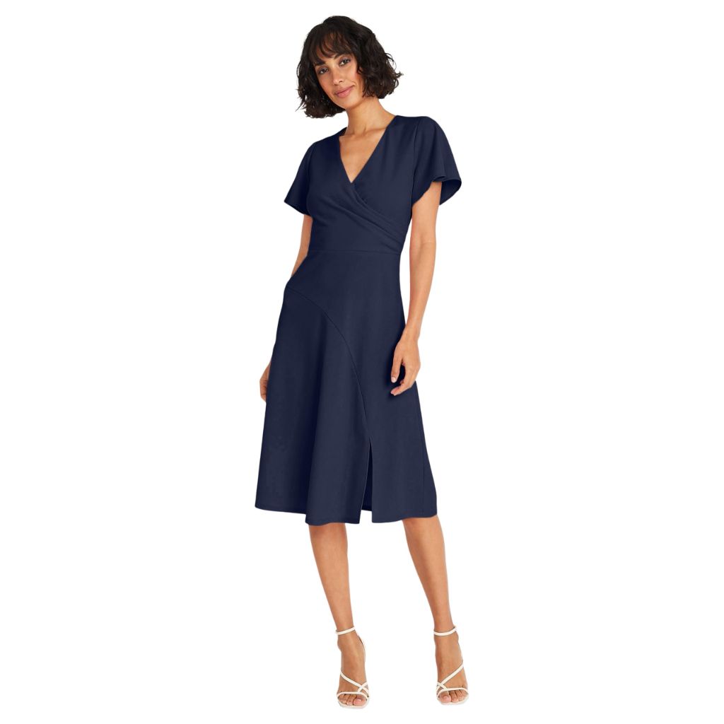 SZ 2, Maggy London Women's Dresses Faux Wrap V-Neck Flutter Sleeves Cocktail Dress for Women | Navy Blazer
