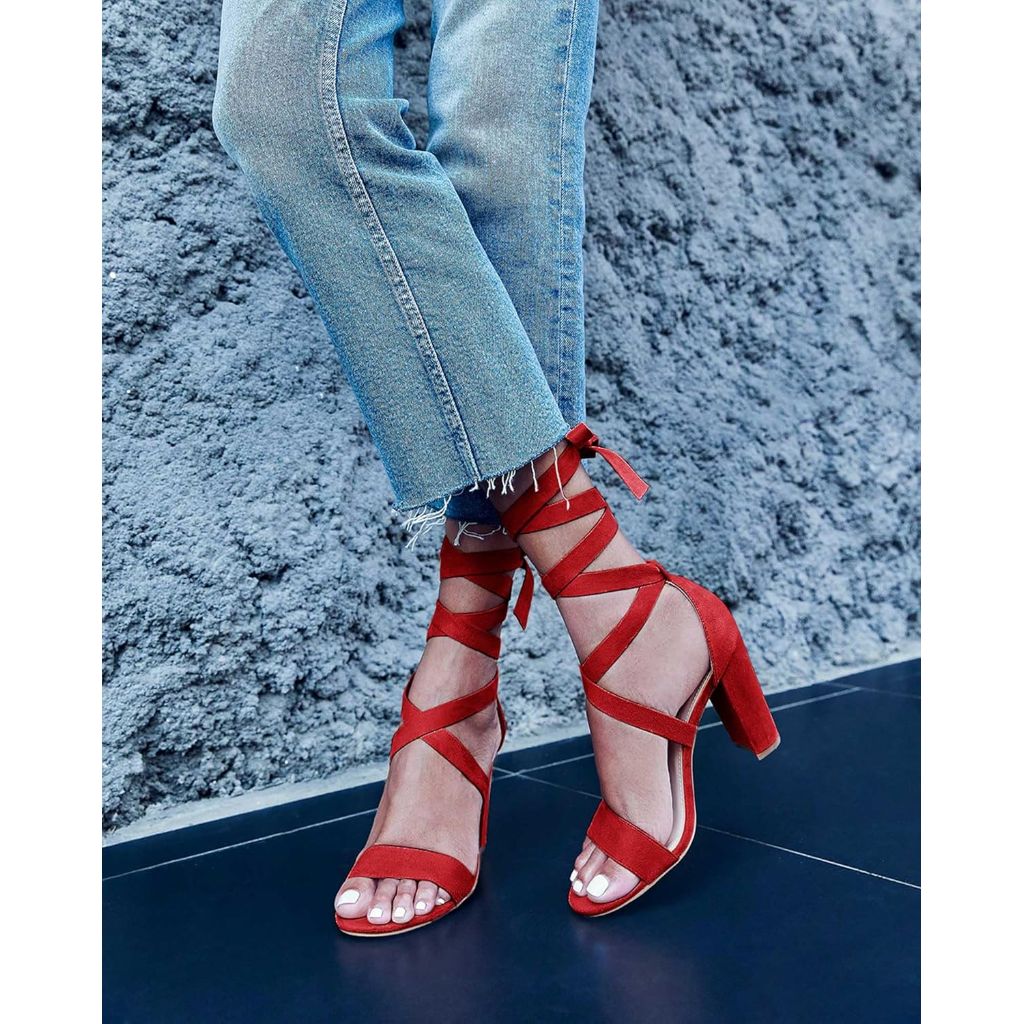 Huiyuzhi Womens Strappy Heels Lace up High Heeled Sandals Chunky Block Ankle Tie Pumps Dress Party Shoes
