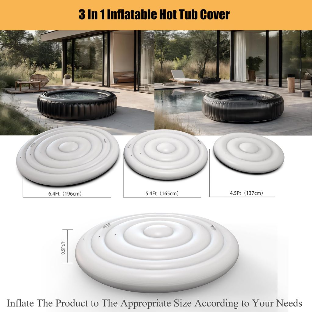 Sibosen Inflatable Hot Tub Cover with Handle, One Size Fits All Portable Hot tub Cover Upgrade Insulated Thermal Energy Saving Hot Tub Lid Protector Outdoor Windproof Rain-Proof Snow-Proof (White)