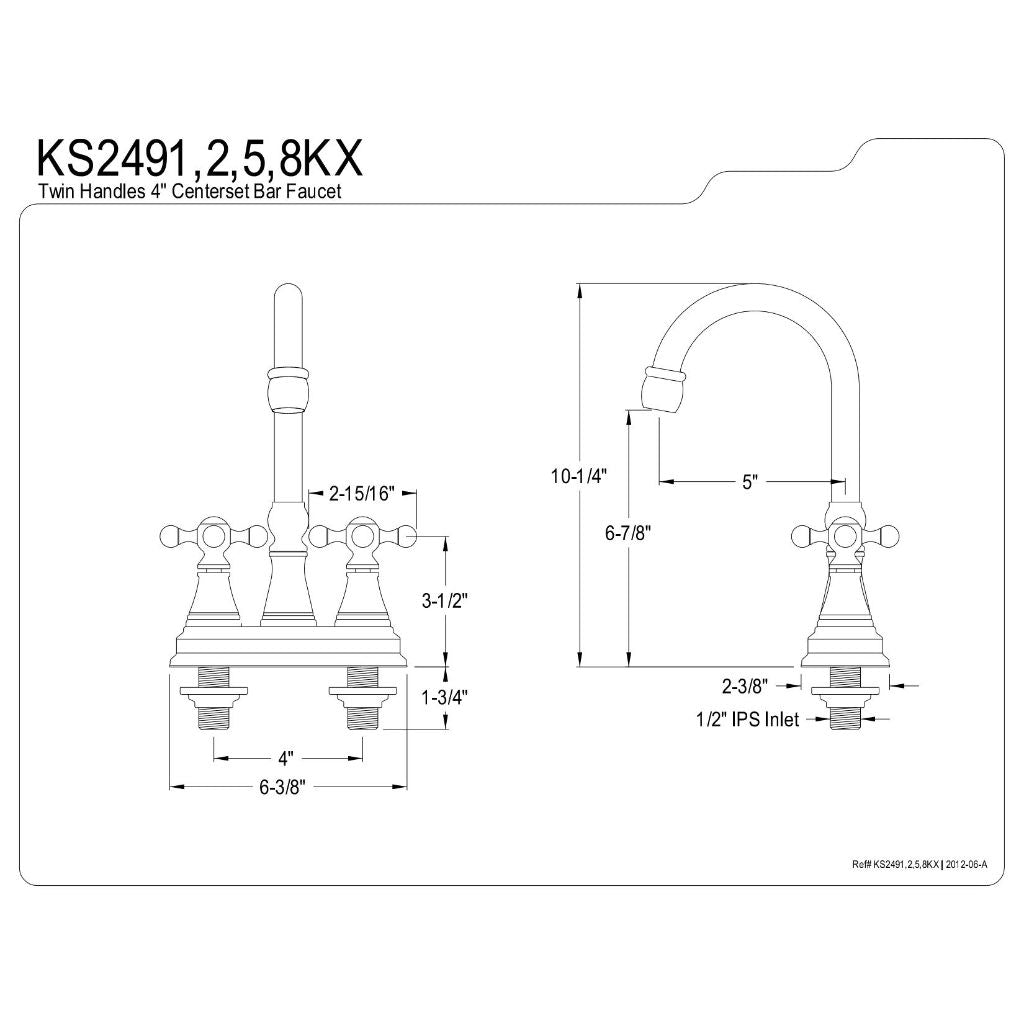 Kingston Brass KS2492KX Governor Two-Handle 2-Hole Deck Mount Bar Faucet in Polished Brass