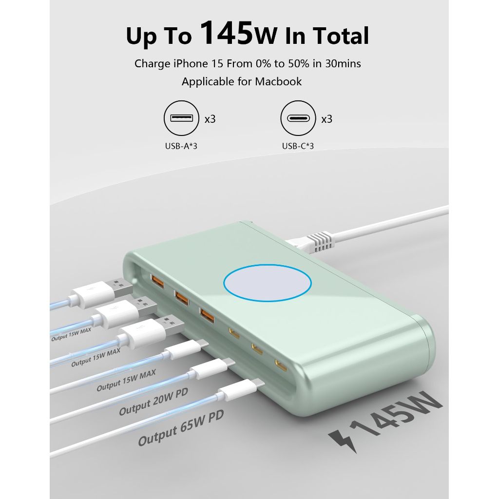 USB Charging Station for Multiple Devices with 6-Ports (Single-Port PD65W and PD20W), Charging hub for Multiple Devices, MacBook, Laptops, iPad Pro, iPhone and More, Charger Block (Green)