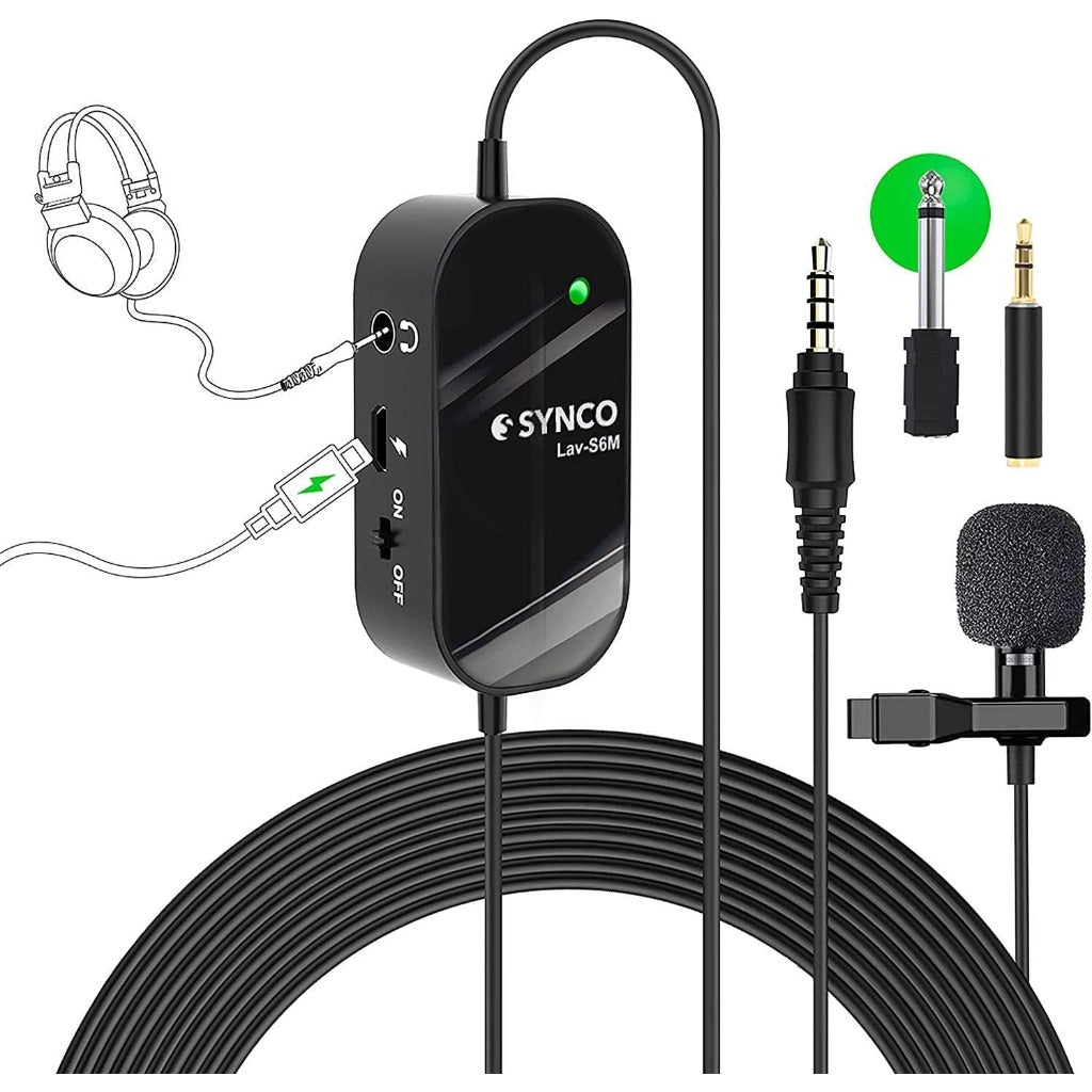 SYNCO Lav-S6M Lavalier Microphone, 3.5mm Audio-Monitor, Supports USB Charging, 19.7' Cable, Noise Reduction