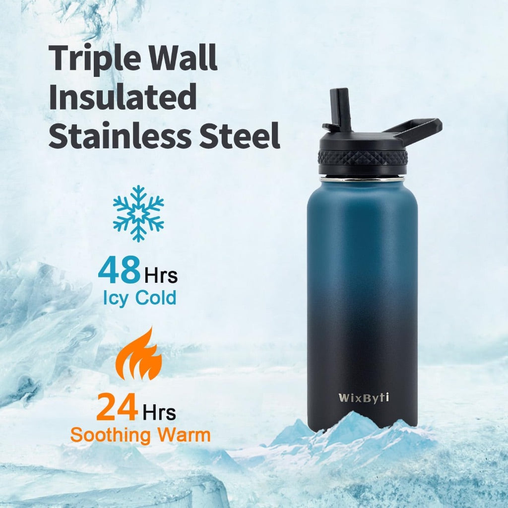 32 oz Insulated, Stainless Steel Water Bottle with Paracord Handle, Straw Spout Lids, & DIY Stickers - Blue/Black Gradient