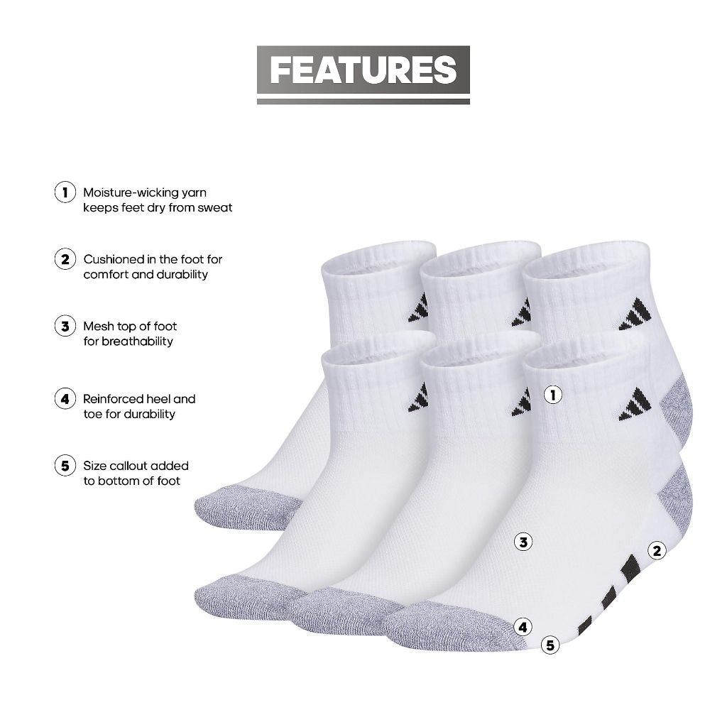 Adidas Unisex Kids Quarter Ankle Socks (6pk), White - size L 5y-7y