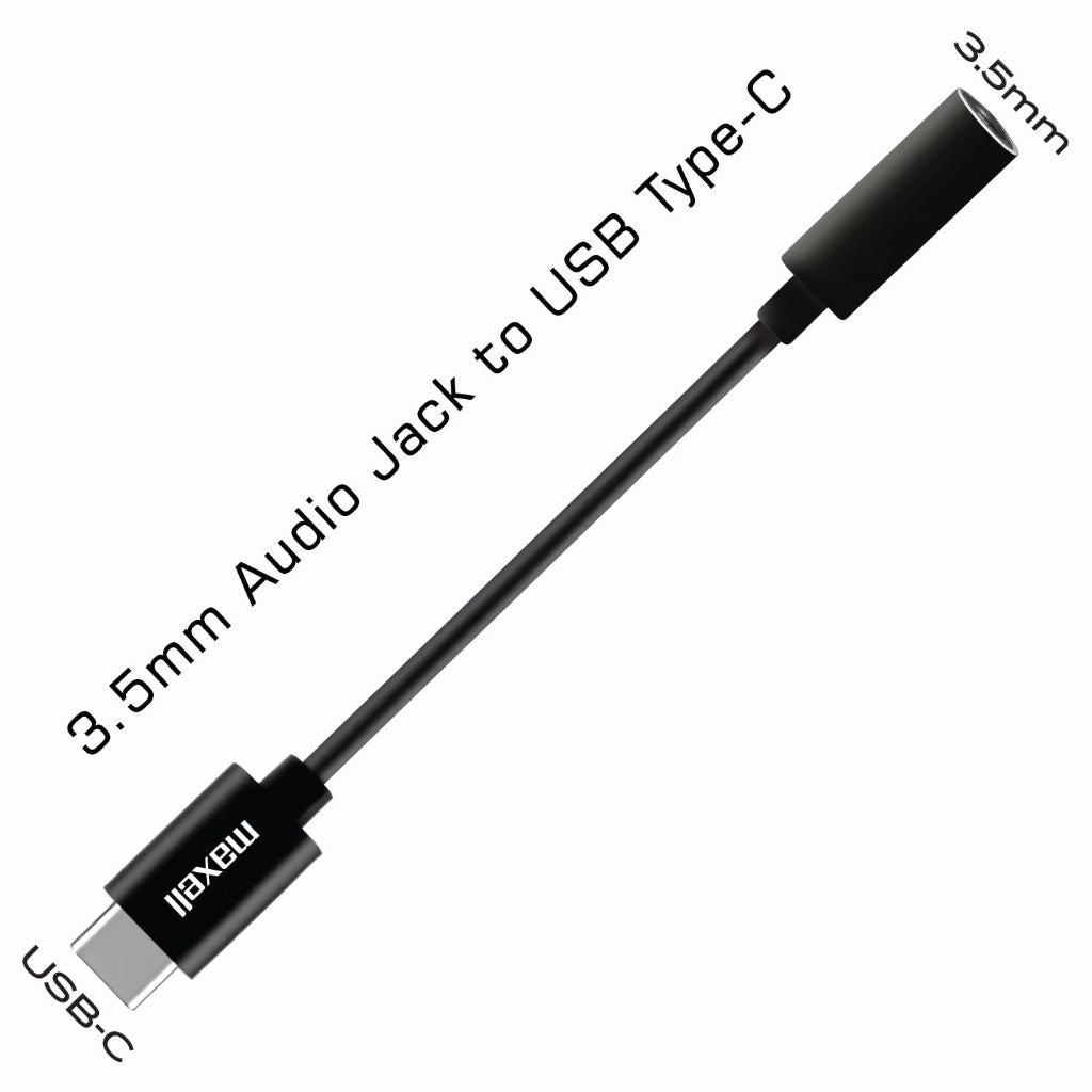Maxell Sync Up USB-C Headphone Adapter, 3.5mm Audio Jack to USB-C, Reversible | Black