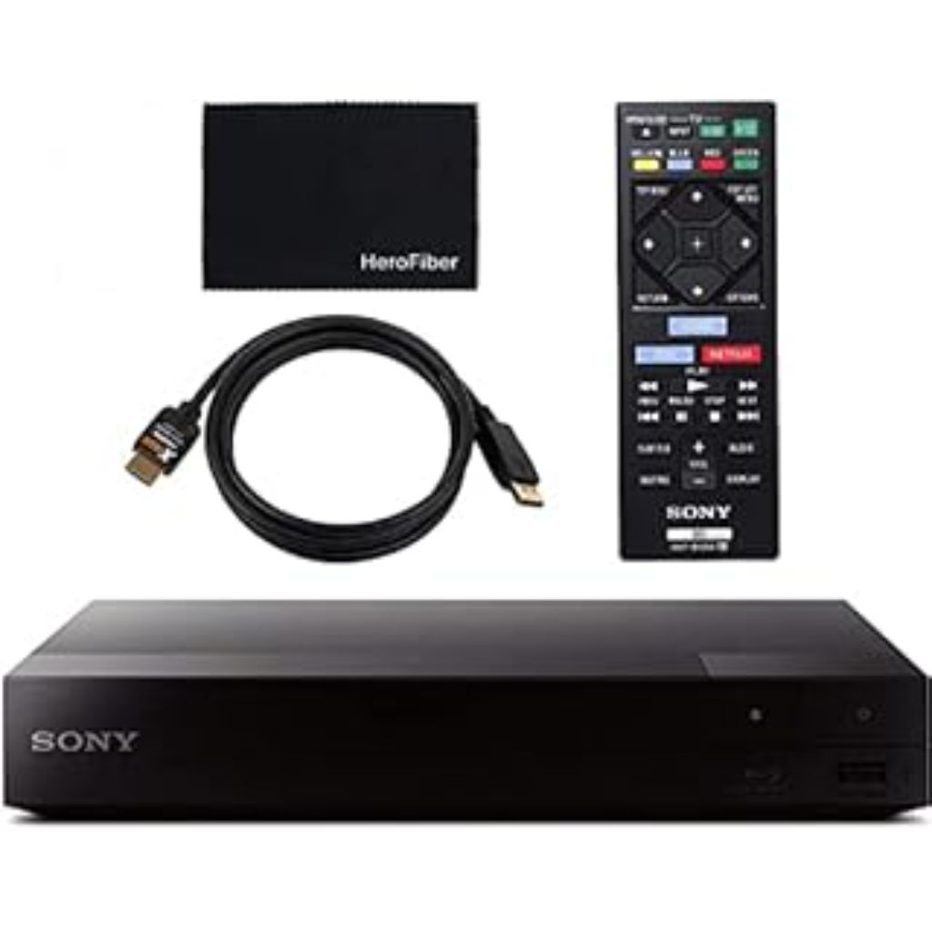 Sony Blu Ray Player with WiFi. Video Streaming & Screen Mirroring  DVD Players for Tv  HD Bluray Playback  Includes Blue Ray/Cd Player  Full 1080p  Remote Control  HDMI Cable  Cleaning Cloth