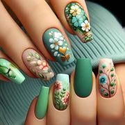 Press on Nails Medium Coffin Fake Nails Green False Nails with Flower Pattern Design - 24Pcs