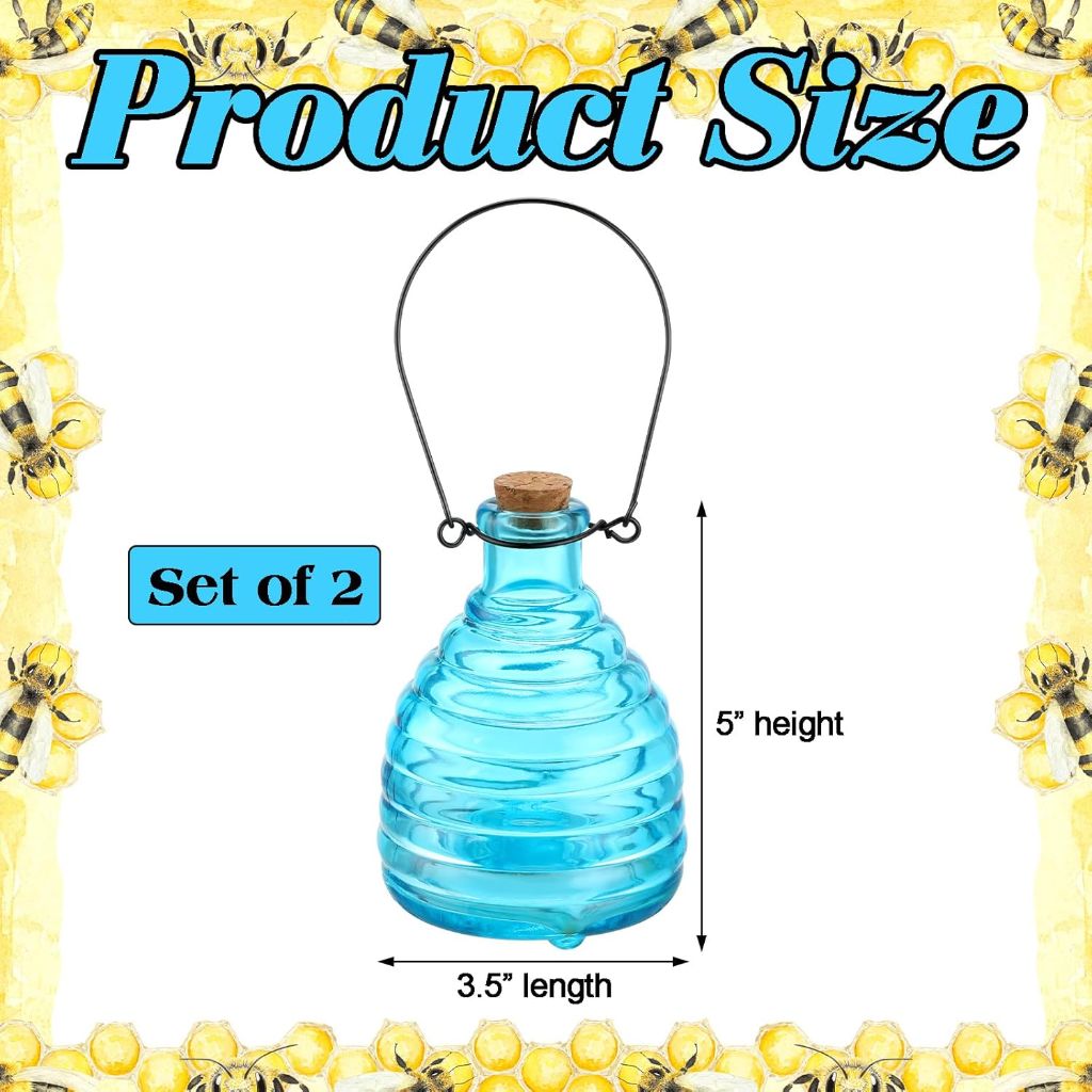 Glass Hanging Wasp Trap for Outdoor Garden - Blue, 2 Pieces