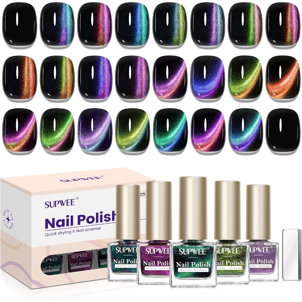 Magnetic Nail Polish Non Gel, 12 Colors Quick Dry Cat Eye Nail Polish Non Gel with Magntic for Fingernail Air Drying Fast Lacquer, Chip Resistant, Vegan, Fast Drying, Long Lasting