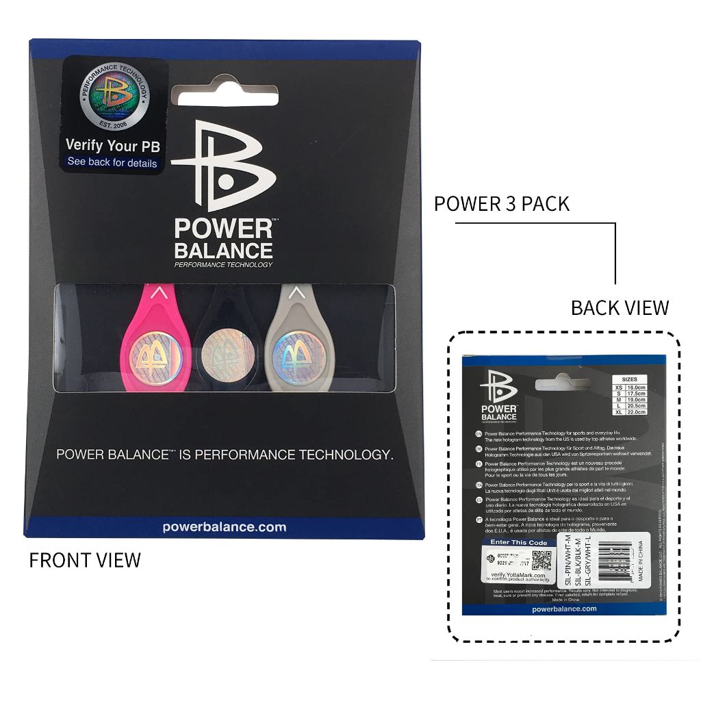 Power Balance Performance Wristband Set - 3 Silicone Sports Bracelets (Pink M, Grey M, Black L)