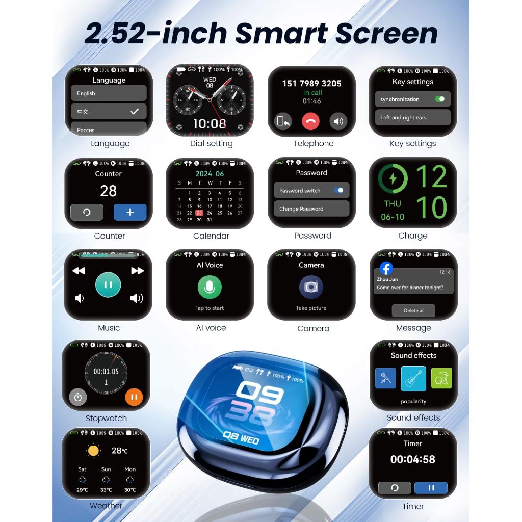 AI Language Translation Earbuds - OWS Wireless Headphones, Real-Time Translation of 144 Languages, Smart Earphone with LCD Touch Screen for Traveling Business Office and Learning