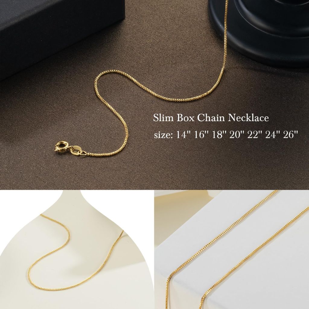 14K Gold Box Chain Necklaces for Women 0.8/1/1.2mm | Gold
