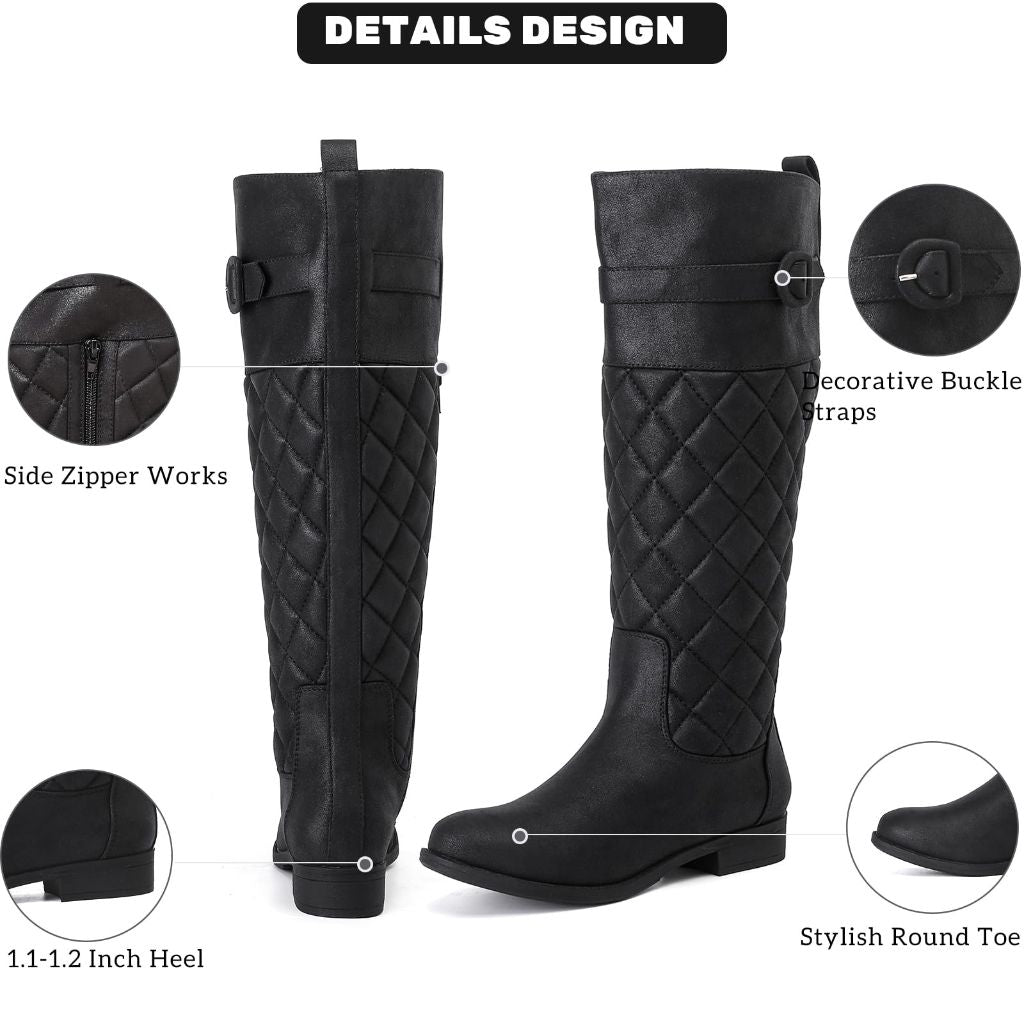 Ruiee Women's Knee High Boots - Wide Calf Comfortable Round Toe Riding Combat Tall Boots  Black,size8.5