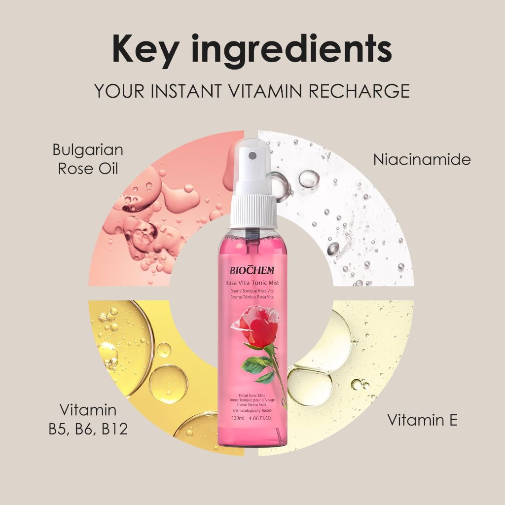BIOCHEM Rosa Vita Tonic Mist, 3-in-1 Toner, Face Mist & Makeup Finishing Spray (4.05 fl oz)