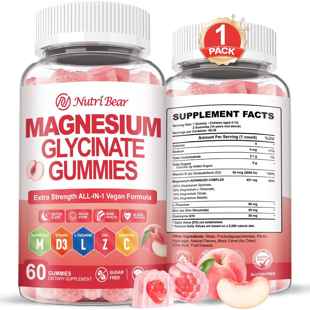 NutriBear Magnesium Glycinate Gummies 400mg - 60 Count Peach