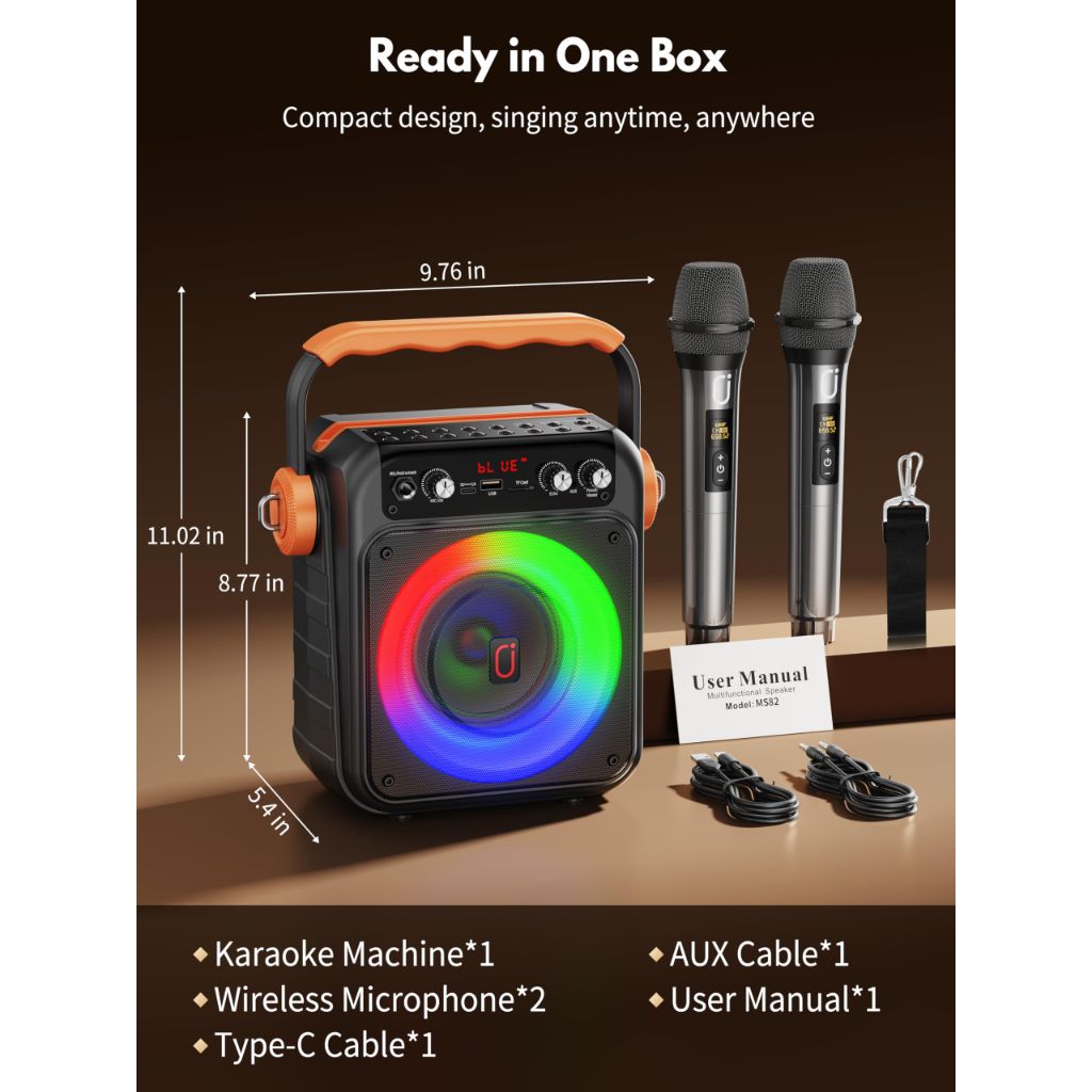 HWWR Karaoke Machine, Mini Portable Bluetooth 5.3 Karaoke Speaker with 2 Wireless Microphones