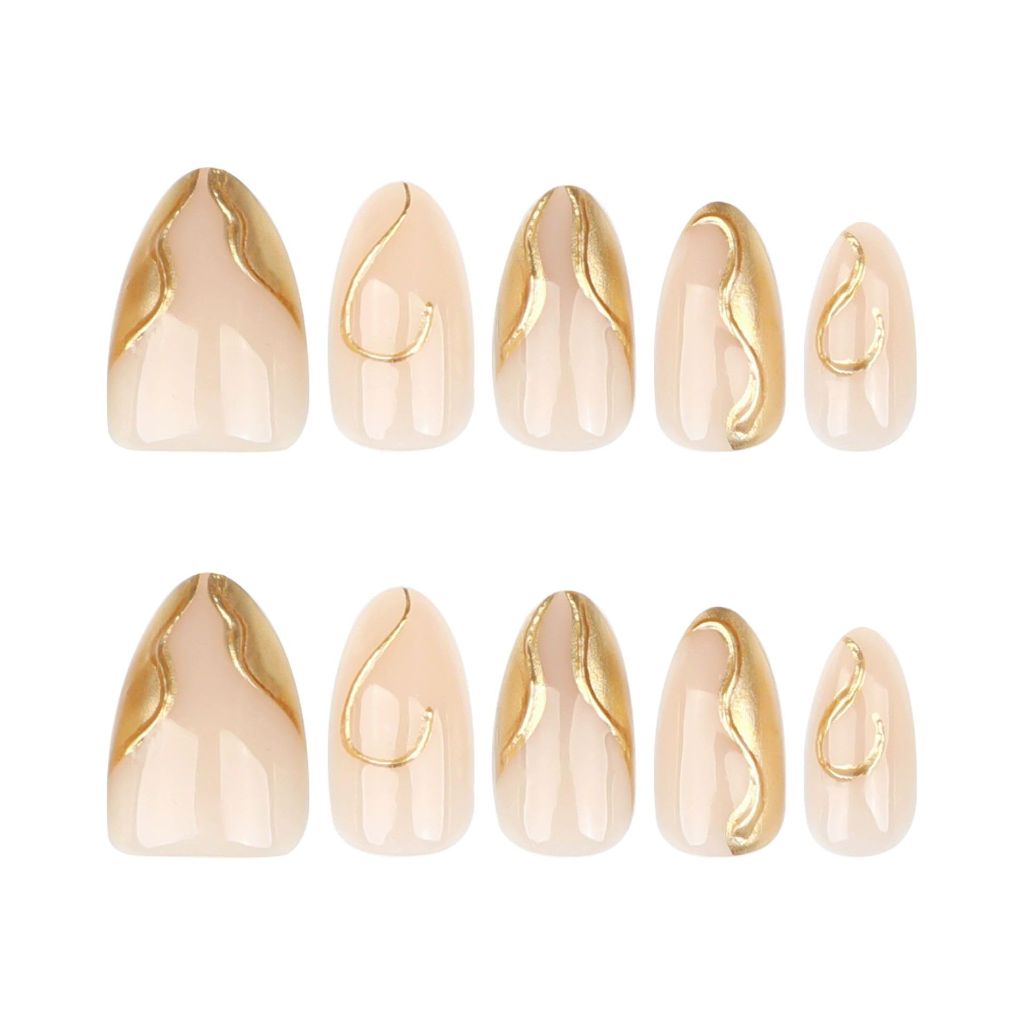 QQPPOLIU Cute Almond Press-on False Nails, 24pcs, Gold Glue, Striped, Full Cover, Plastic, Glossy Finish
