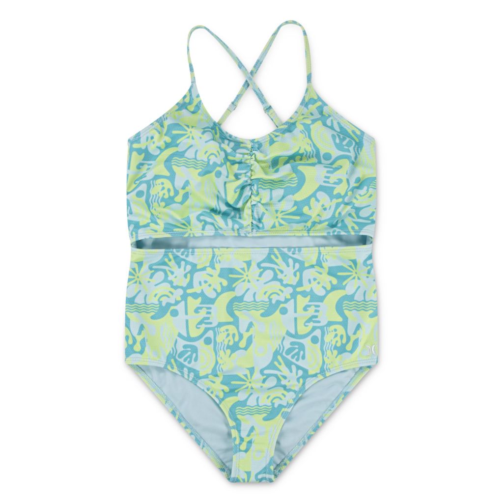 SZ 14 Hurley Girl's BEI 1-Piece Cut Out Swimsuit - Turquoise Waves