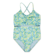 SZ 14 Hurley Girl's BEI 1-Piece Cut Out Swimsuit - Turquoise Waves