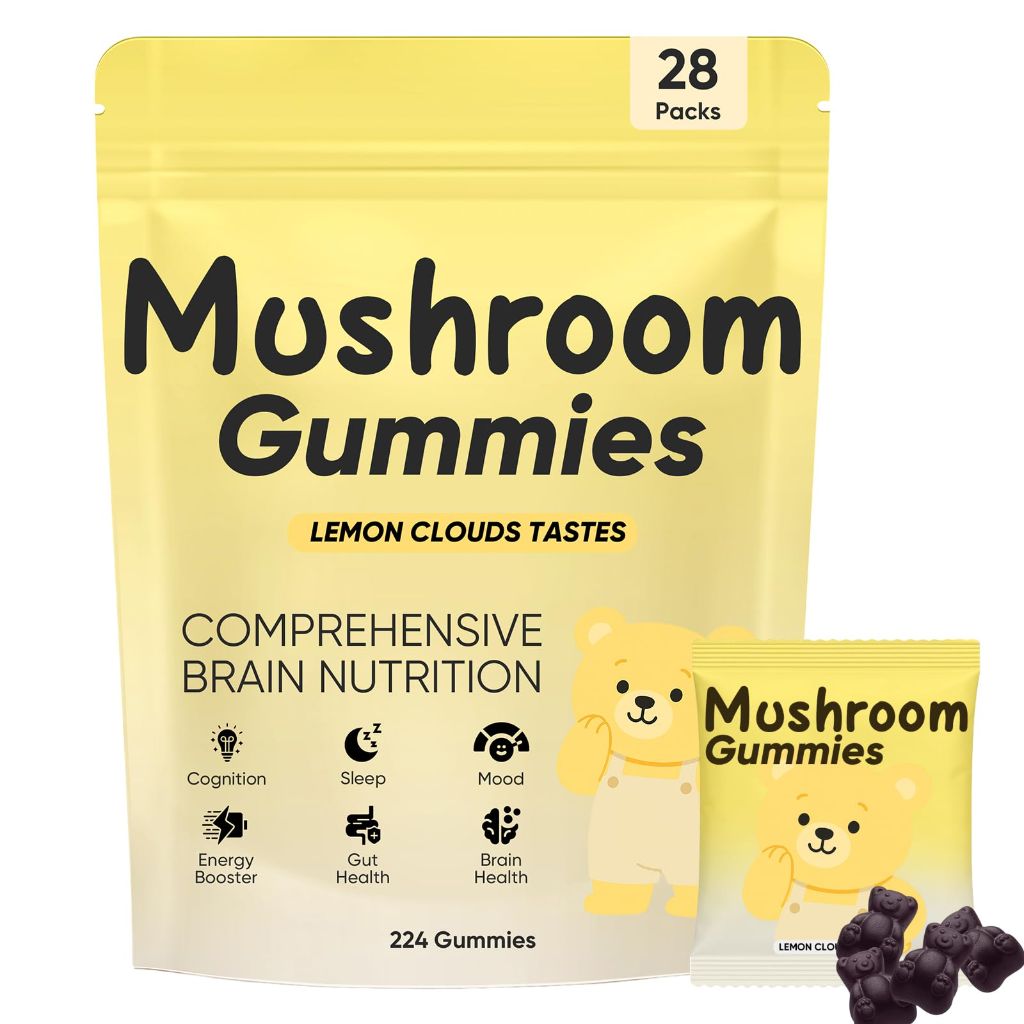 Lions Mane Mushroom Gummies for Adults, 28 Packs, Individual Packets, Lemon Cloud