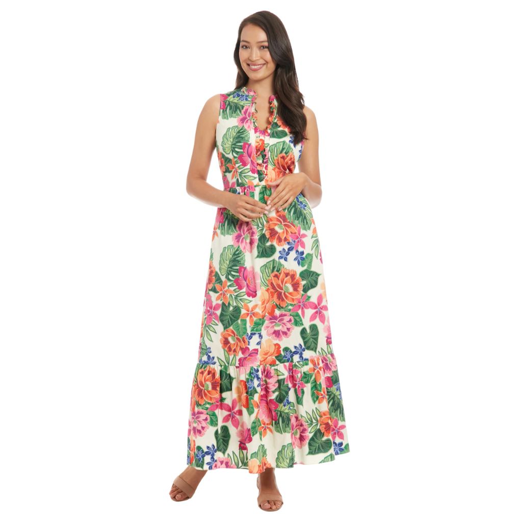 London Times Women's Printed Cotton Poplin Maxi Dress - Mandarin Collar - Tiered Ruffled Hem Dresses, Ivory/Pink, 6