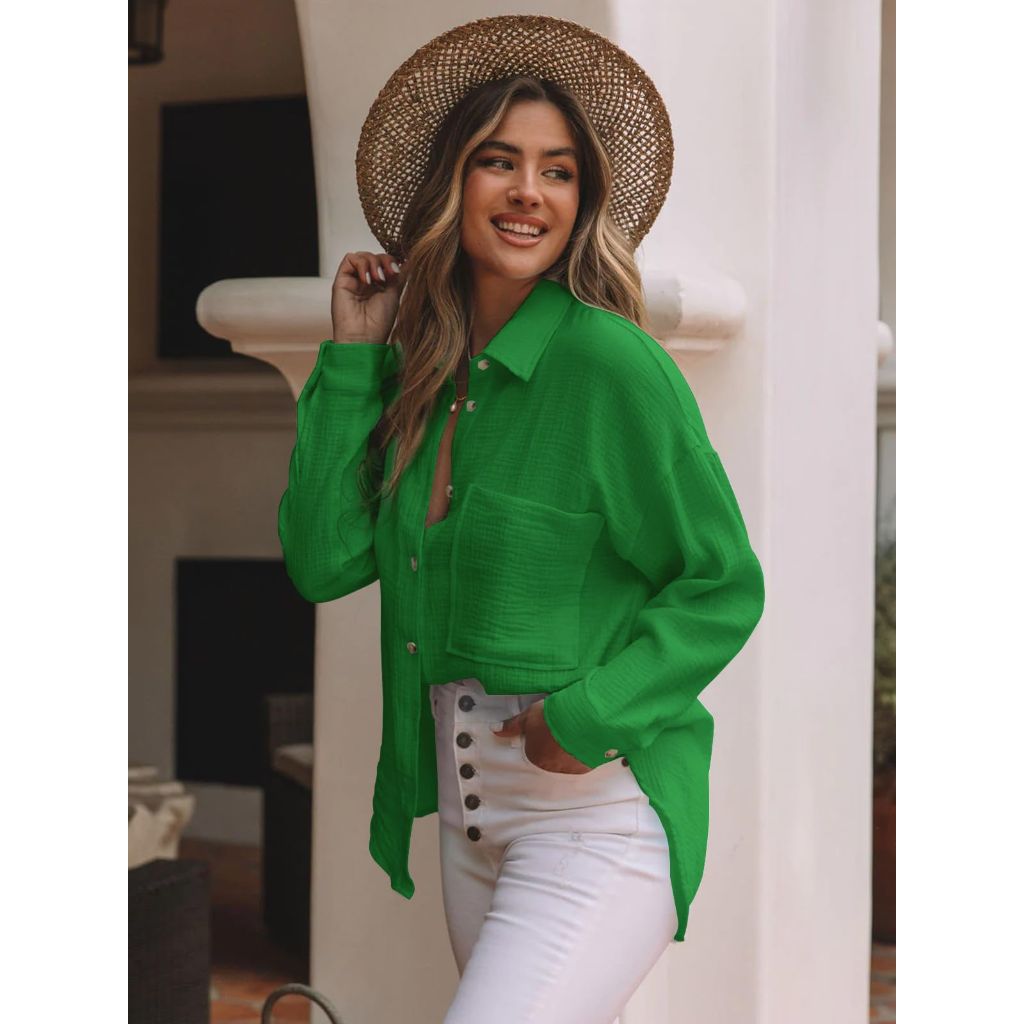 Siliteelon Women's Long Sleeve Button Down Shirts Cotton - Kelly Green, S