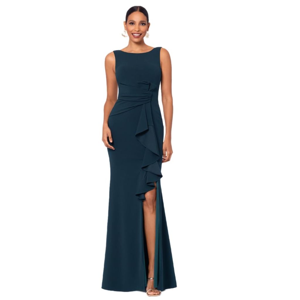 Betsy & Adam Women's Long Bodycon Sleeveless Boat Neck Evening Gown with Side Slit Ruffle, Pine, 6P