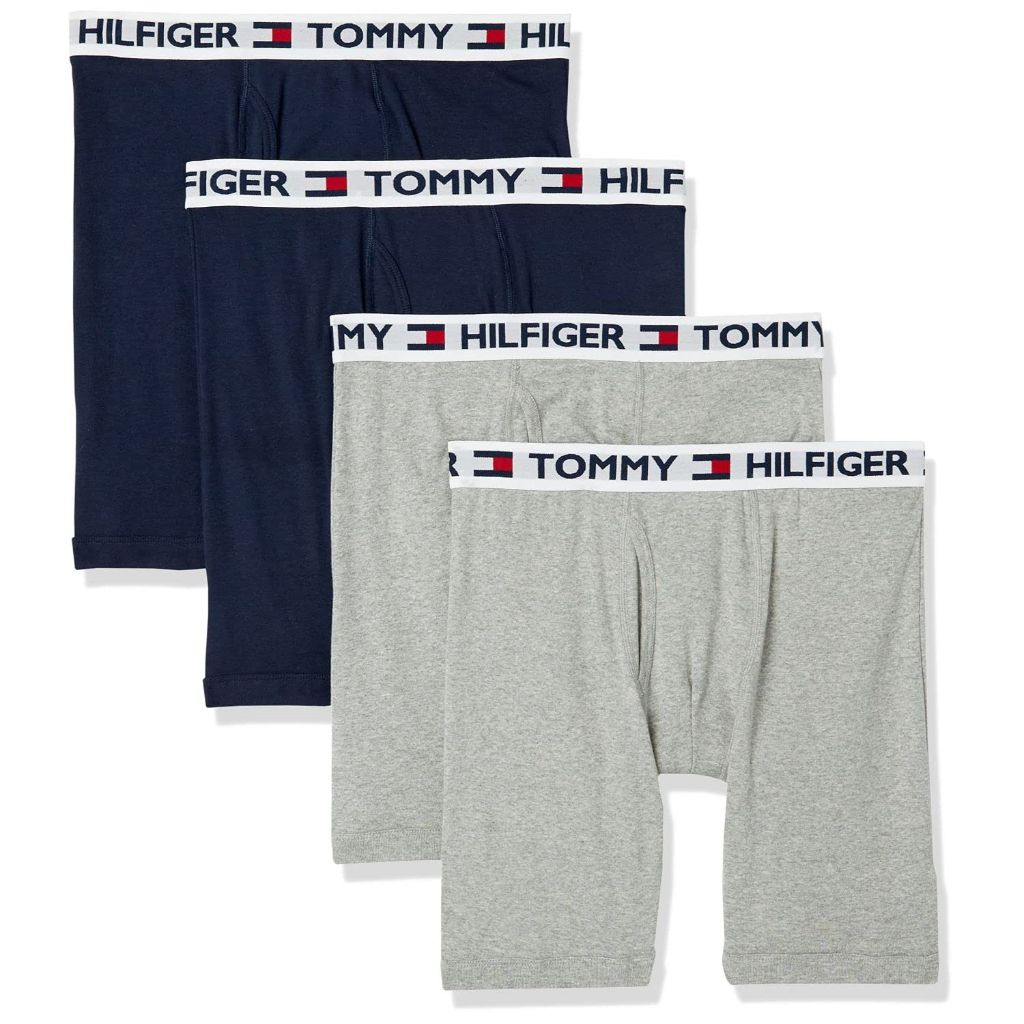 SZ L, Tommy Hilfiger Men's 4 Pocket Boxer Brief, Grey/Navy