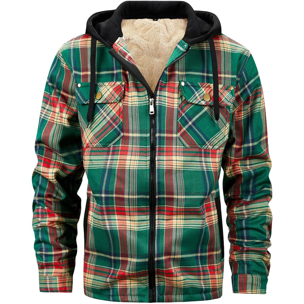TMYAH Men's Winter Fleece Warm Thick Plaid Jacket Flannel Hooded Shirt Jacket GreenRed(A26) 2XL
