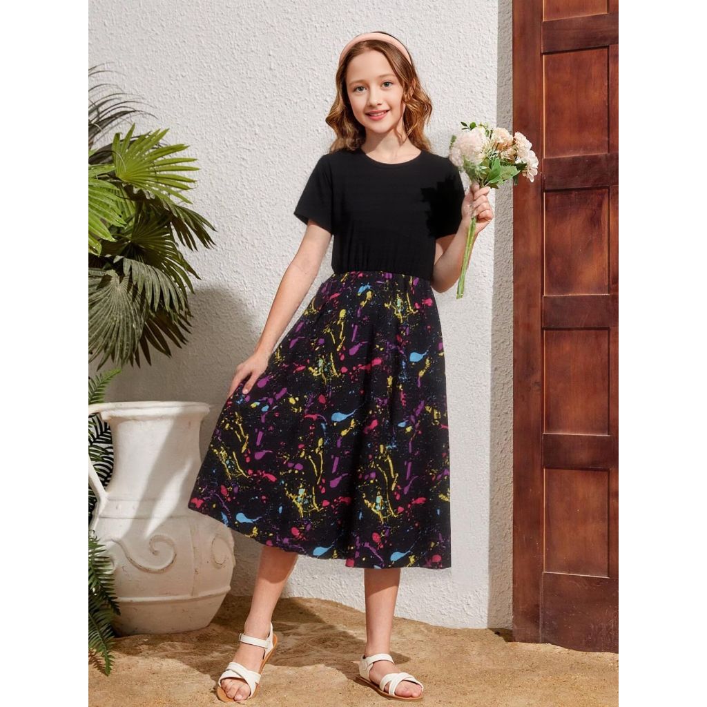 Seechoslo Girls Summer Dress, Short Sleeve Casual Midi A-Line Floral & Graphic Print Play Dress (US, Age, 9 Years, Black)