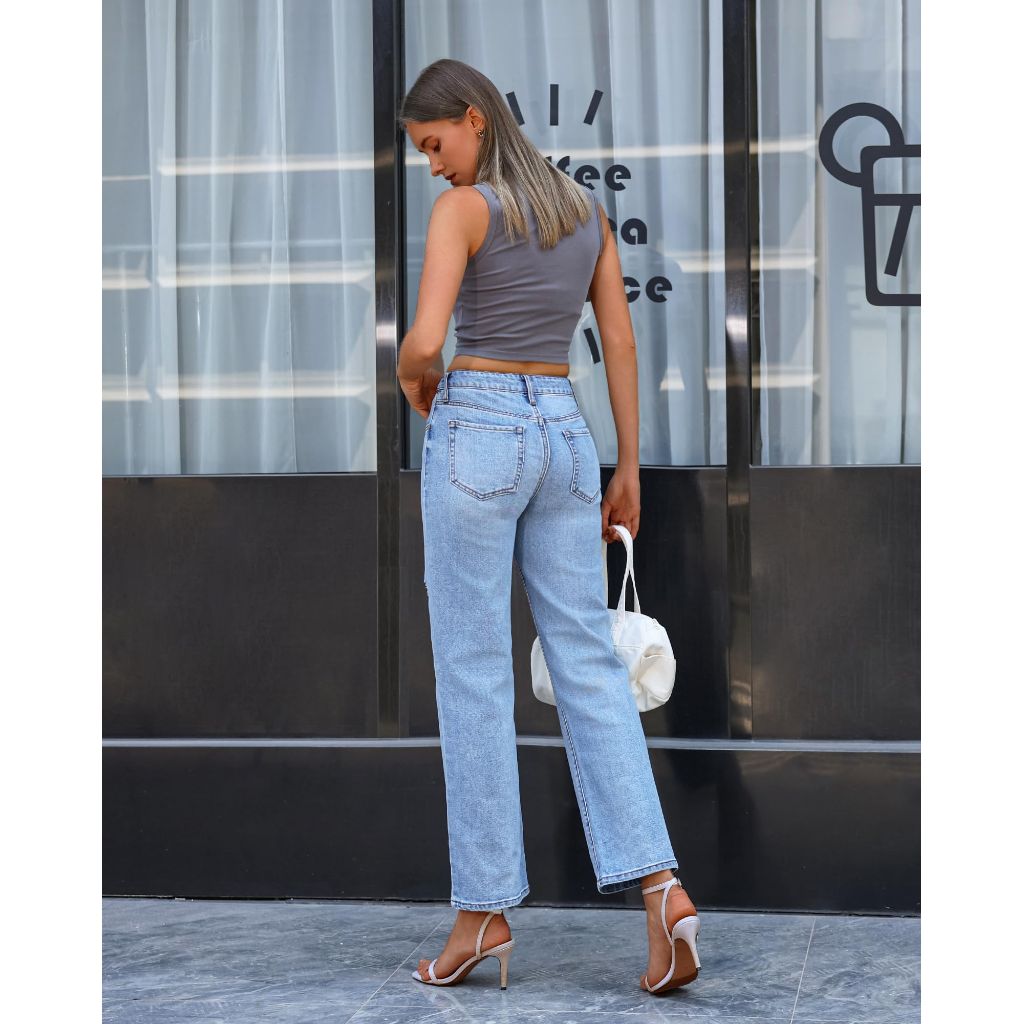 OFLUCK Women's Wide Leg Jeans Mid High Waisted Stretchy Ripped Jeans Straight Leg Loose Fit Denim Pants, Lakeside Blue, 10Small