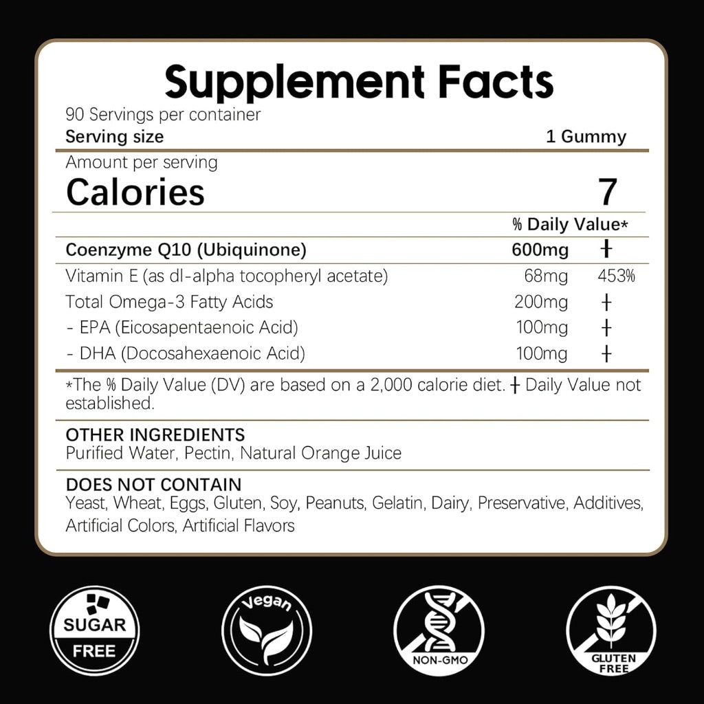 CoQ10 Gummies, 600mg with Omega 3 & Vitamin E, Sugar-Free Orange Flavor, 90ct