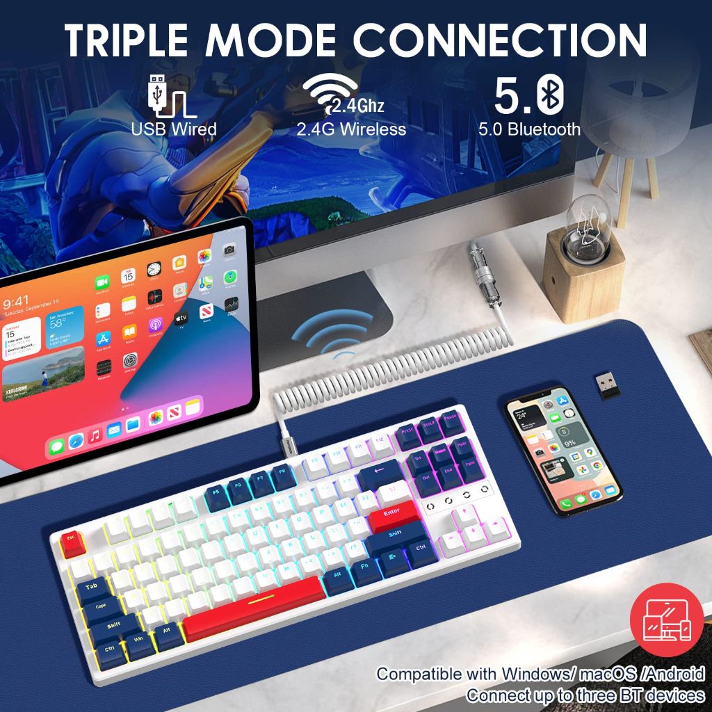 Wireless Gaming Keyboard and Custom Coiled USB C Cable, Triple Mode 2.4GHz/BT 5.0/USB-C