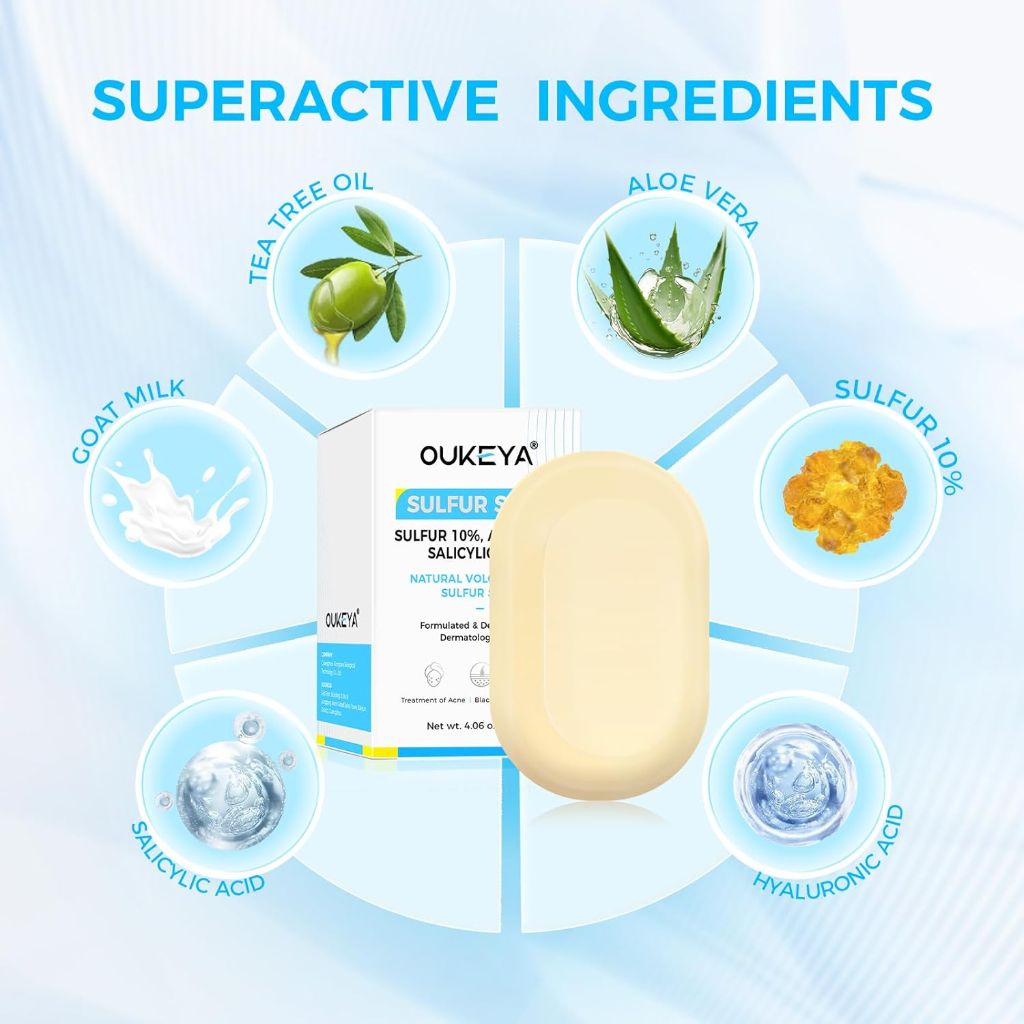 OUKEYA Sulfur Soap for Face with 10% Sulfur, 2% Salicylic Acid, (2Pk)