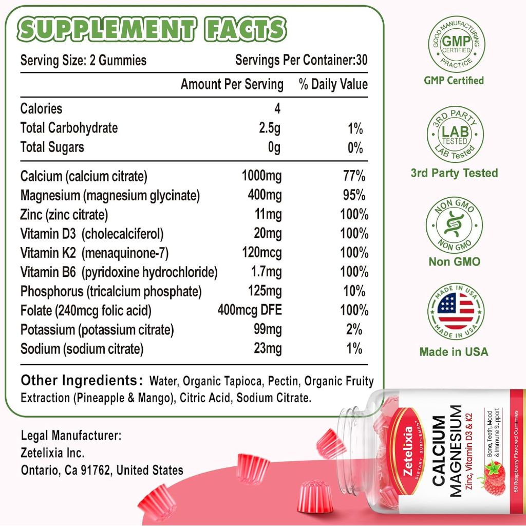 Calcium Magnesium Zinc Gummies with Vitamin D3 & K2 | Raspberry Flavor - 60 Count