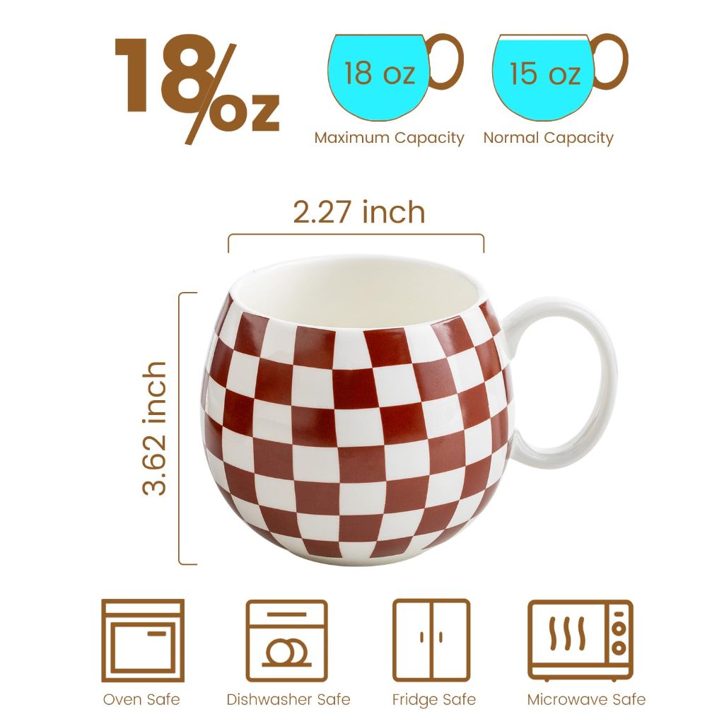 LAUCHUH Porcelain Coffee Mugs - 18 Ounce Large Mug Set of 6 Coffee Cups with Handle for Father's Day, Tea Latte Cappuccino Milk Cocoa, Dishwasher & Microwave Safe, Brown and White