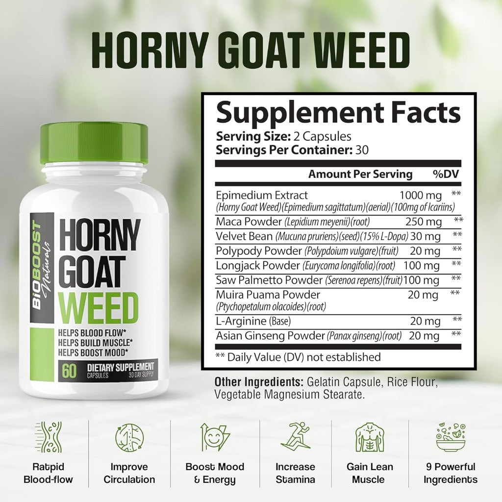 BioBoost Horny Goat Weed, 9-in-1 Blood-Flow, Stamina, and Performance Supplement for Men, 60ct