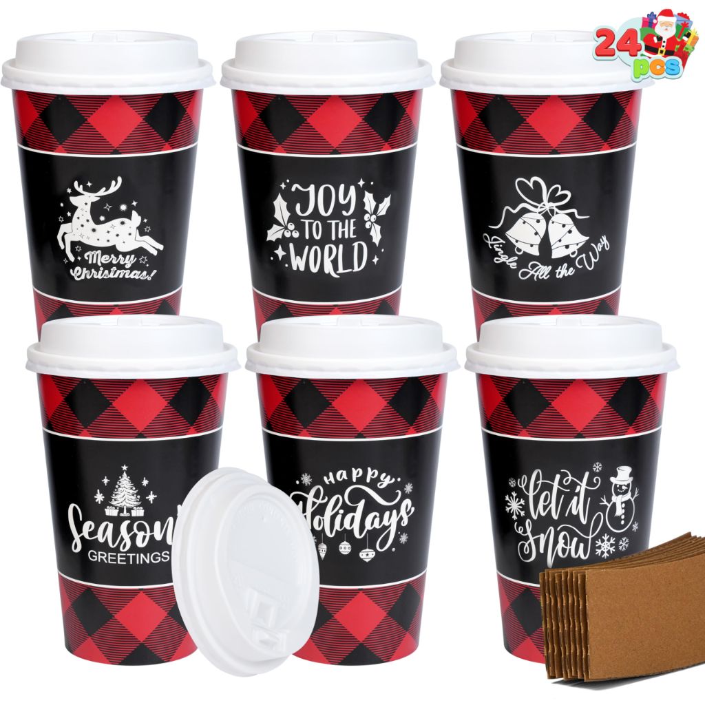 JOYIN 24 PCS Christmas Buffalo Plaid Paper Cups with Sleeves and Lids, 6 Designs 16 oz Xmas Drinkware Coffee Cups