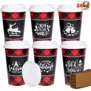 JOYIN 24 PCS Christmas Buffalo Plaid Paper Cups with Sleeves and Lids, 6 Designs 16 oz Xmas Drinkware Coffee Cups