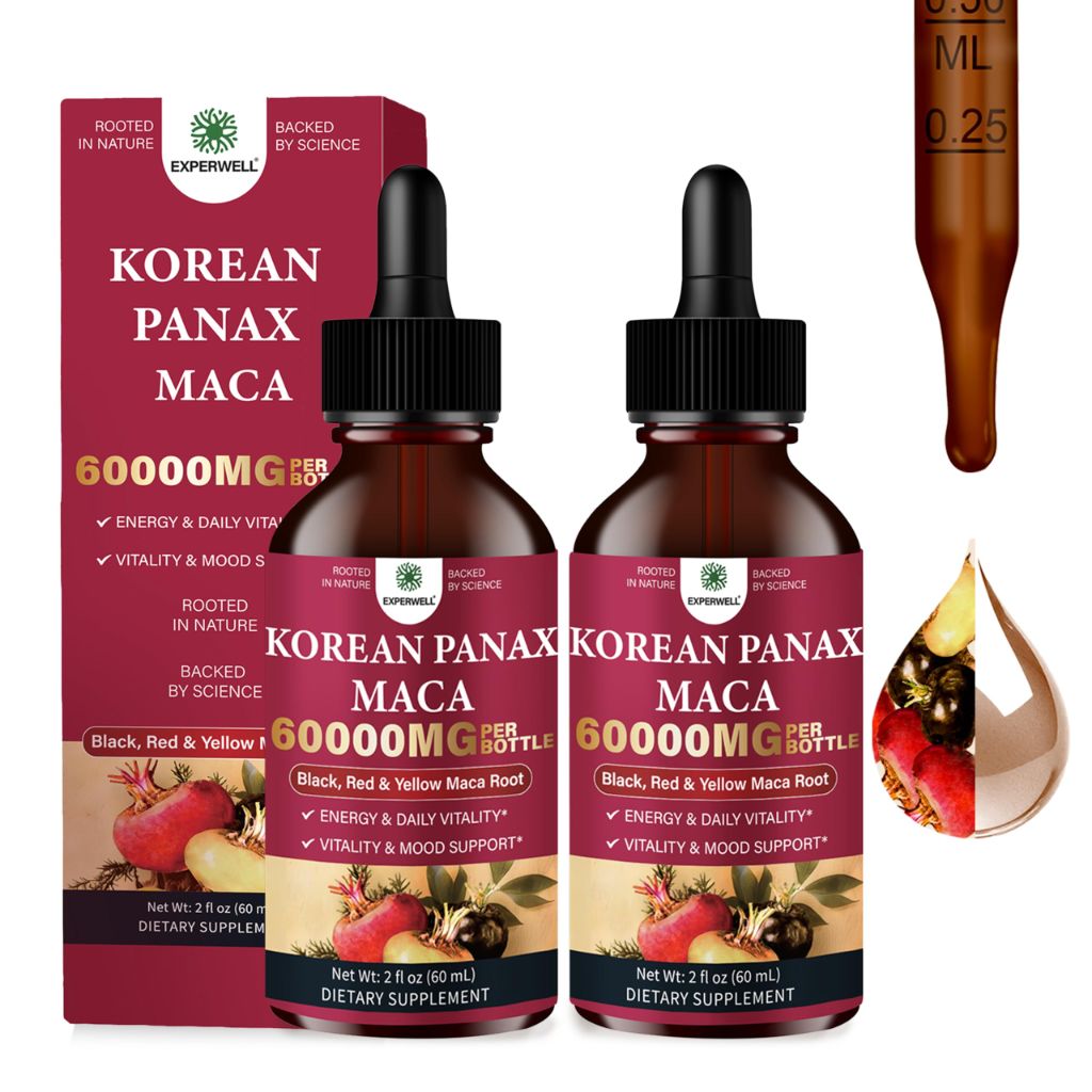 Experwell Korean Panax Ginseng Liquid, Red Ginseng & Maca Root (Black, Red, Yellow)  | 4 Fl Oz(Pack of 2)