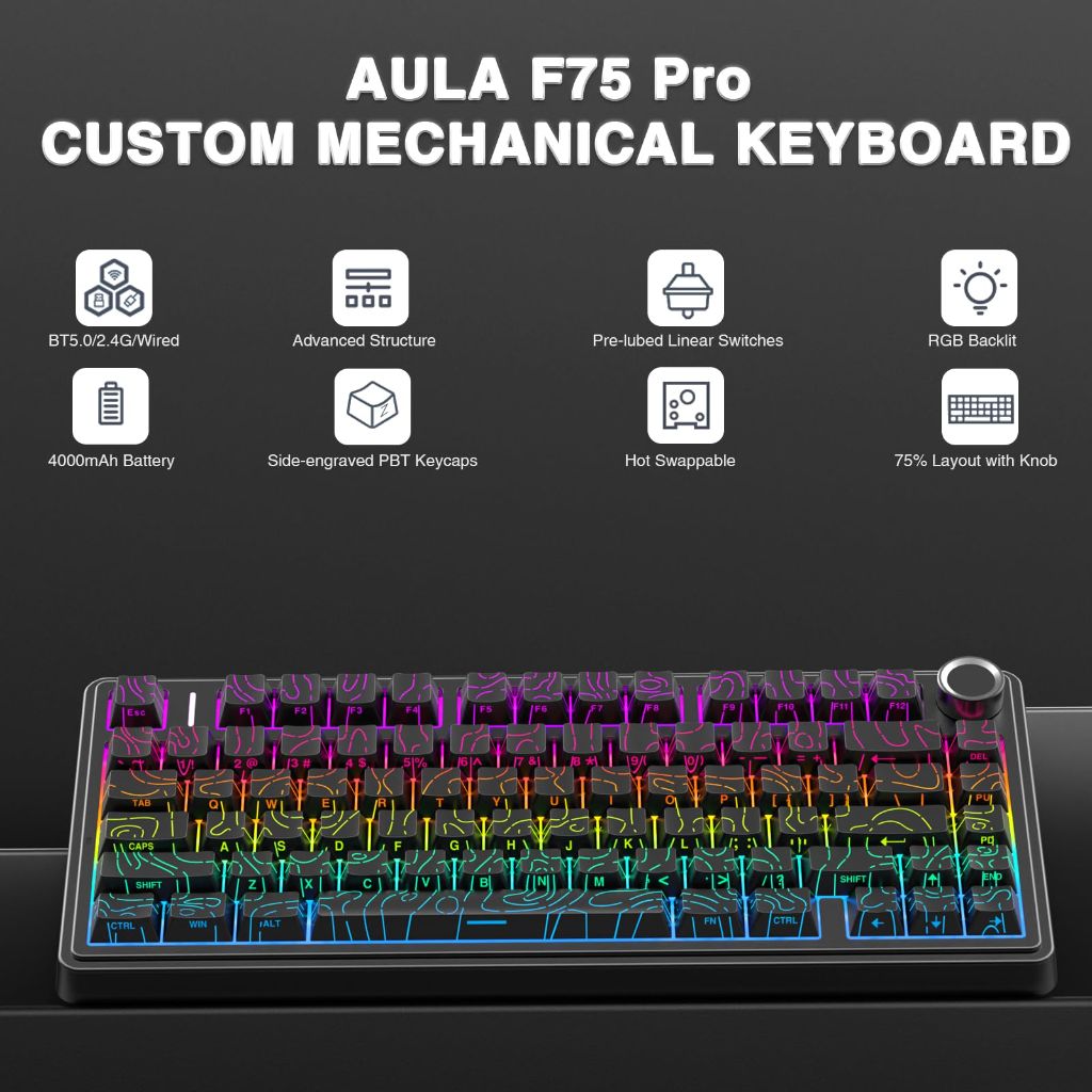AULA F75 Pro Wireless Mechanical Keyboard with Knob, 75% Hot Swappable Custom Gaming Keyboards, RGB Backlit, Line Black