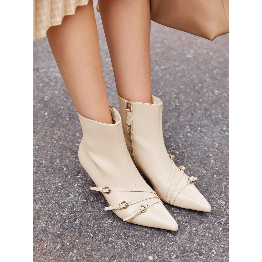 Coutgo Womens Buckle Strap Ankle Booties, Beige, Size 7.5