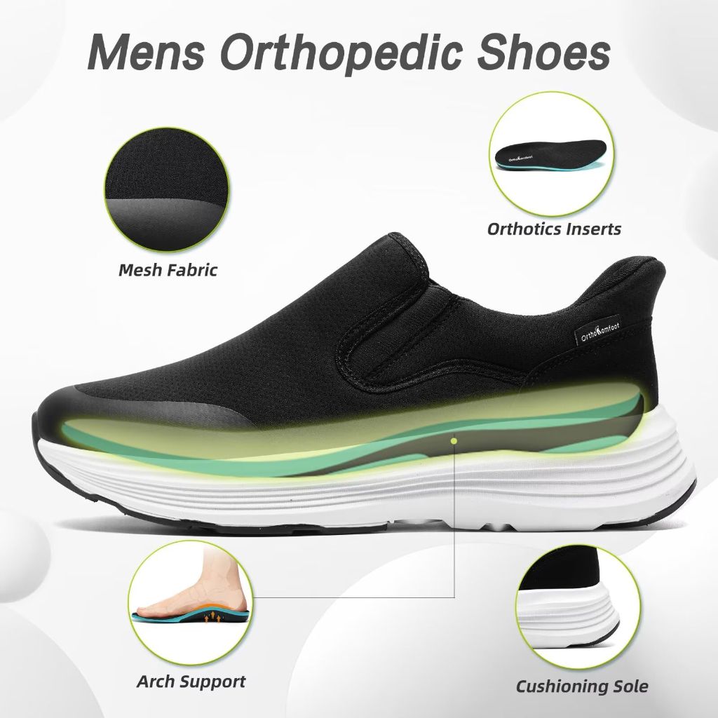 Men's Orthopedic Slip On Loafers: Lightweight Plantar Fasciitis Supportive Thick Work Shoes, Arch Support Comfortable Durable Foot Pain Relief Outdoor Walking Shoes Black Size 11.5