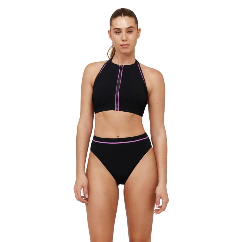 Gottex Women's Standard High Neck Bikini, Zipper, Front & Back Lining Swim Top, Black Purple, 14
