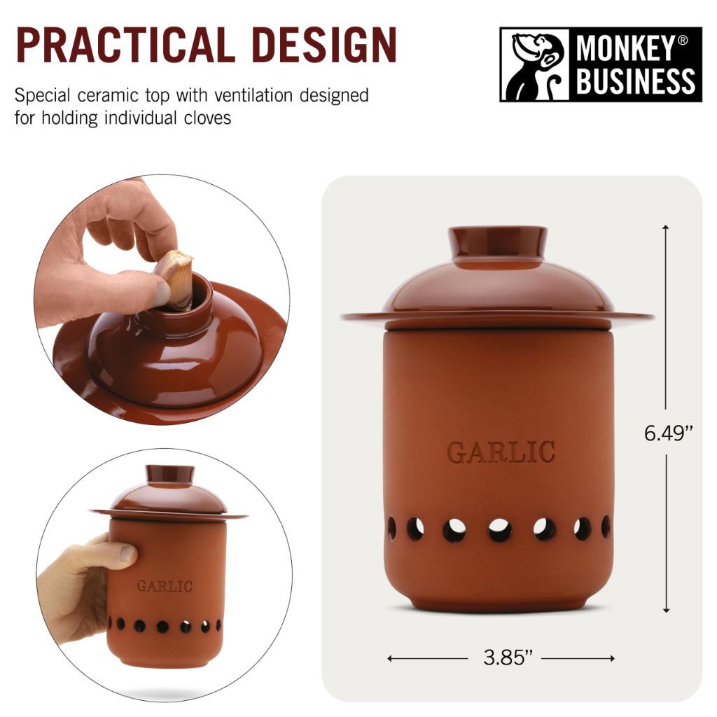 Monkey Business – Garlic Keeper – Terracotta Garlic Storage Container with Separate Ventilated Compartments