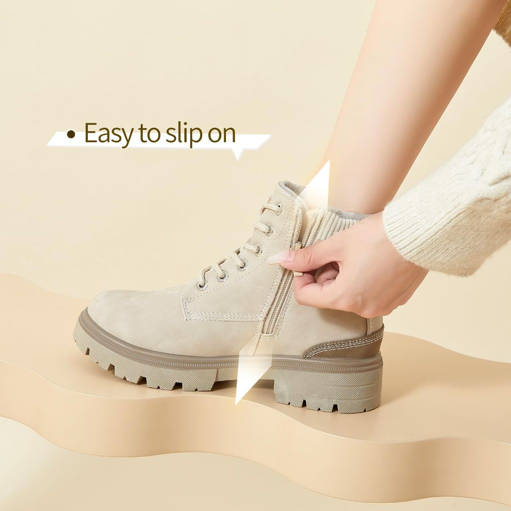 FINIWOR Ankle Boots for Women Hiking Boot Women Combat Boots Lace Up Womens Snow Boots Waterproof Fur Winter Boots Black Boots.(Khaki.US10)