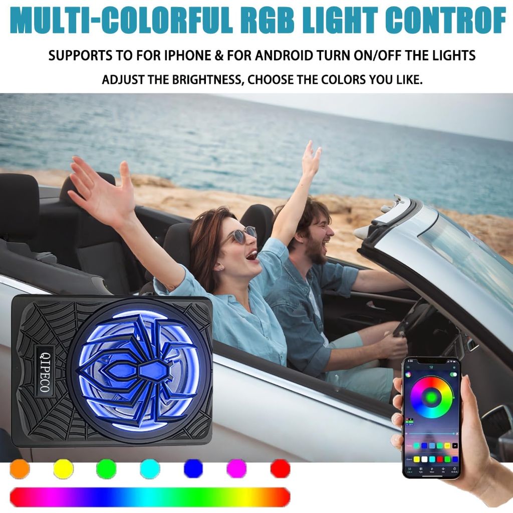 10" 1200W Slim Underseat Powered Car Subwoofer and Amp Package with RGB Beat-Synced Light, Built in Amp Individual Control for Low Pass/Gain/Boost Bass for Truck/SUV/Jeep/MPV