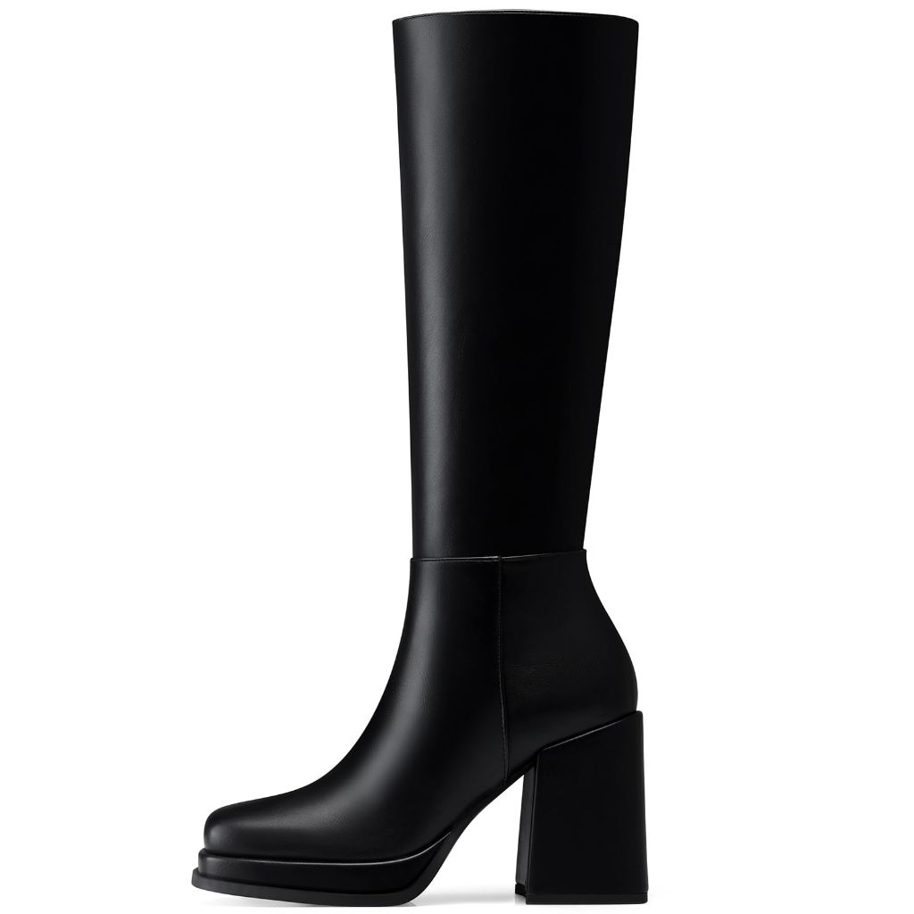 SZ 9, CELLENZ Women Knee High Boots: Fashion Chunky Heel Boots - Black Leather